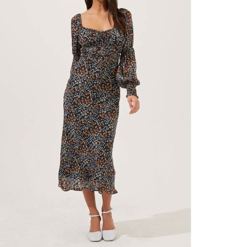 New ASTR The Label Black Ditsy Floral Salinas Long Sleeve Midi Dress Medium‎